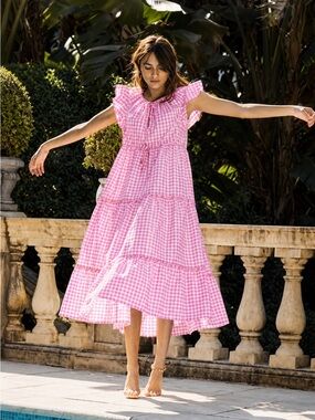 Ephemera Trapeze Maxi Dress Pink Gingham Flutter Sleeve Cotton M/L EUC